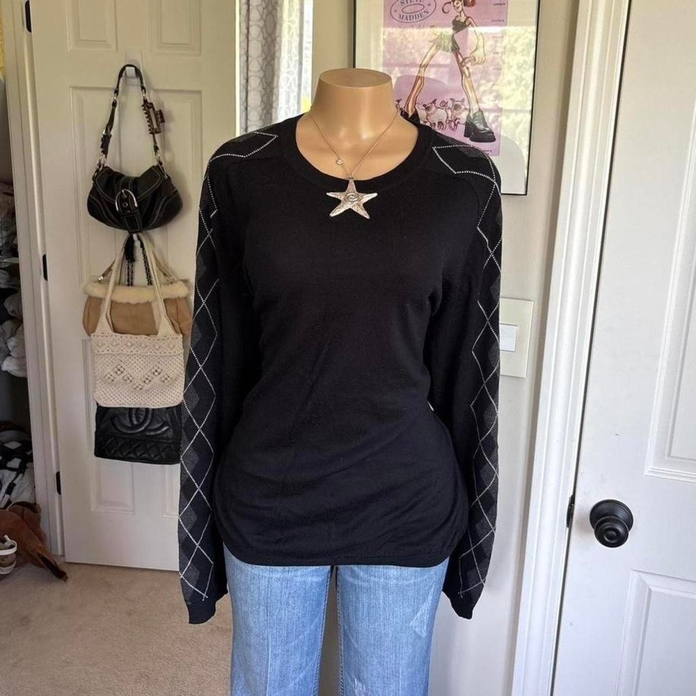 Merona black argyle merino wool knit lightweight‎ sweater Size XXL